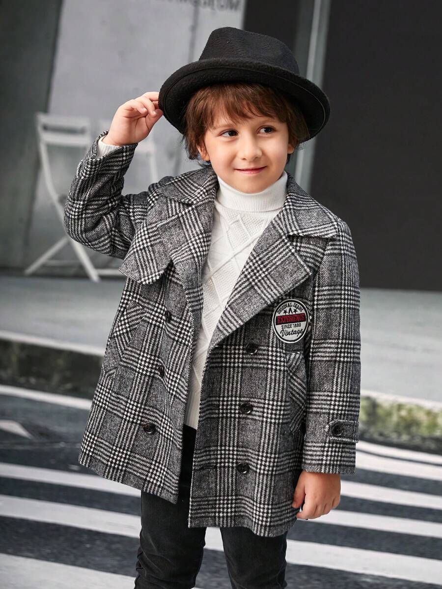 SHEIN Kleine Jungen Zweireihiger Mantel mit Hahnentrittmuster und Patch Detail für Weihnachten