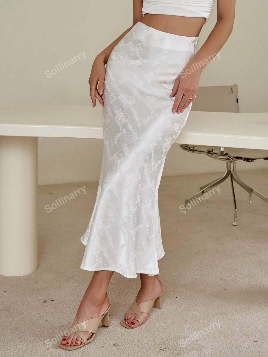 Sollinarry Podstawowa jednokolorowa spódnica midi Slim Fit, swobodny styl uliczny do codziennego noszenia, lato