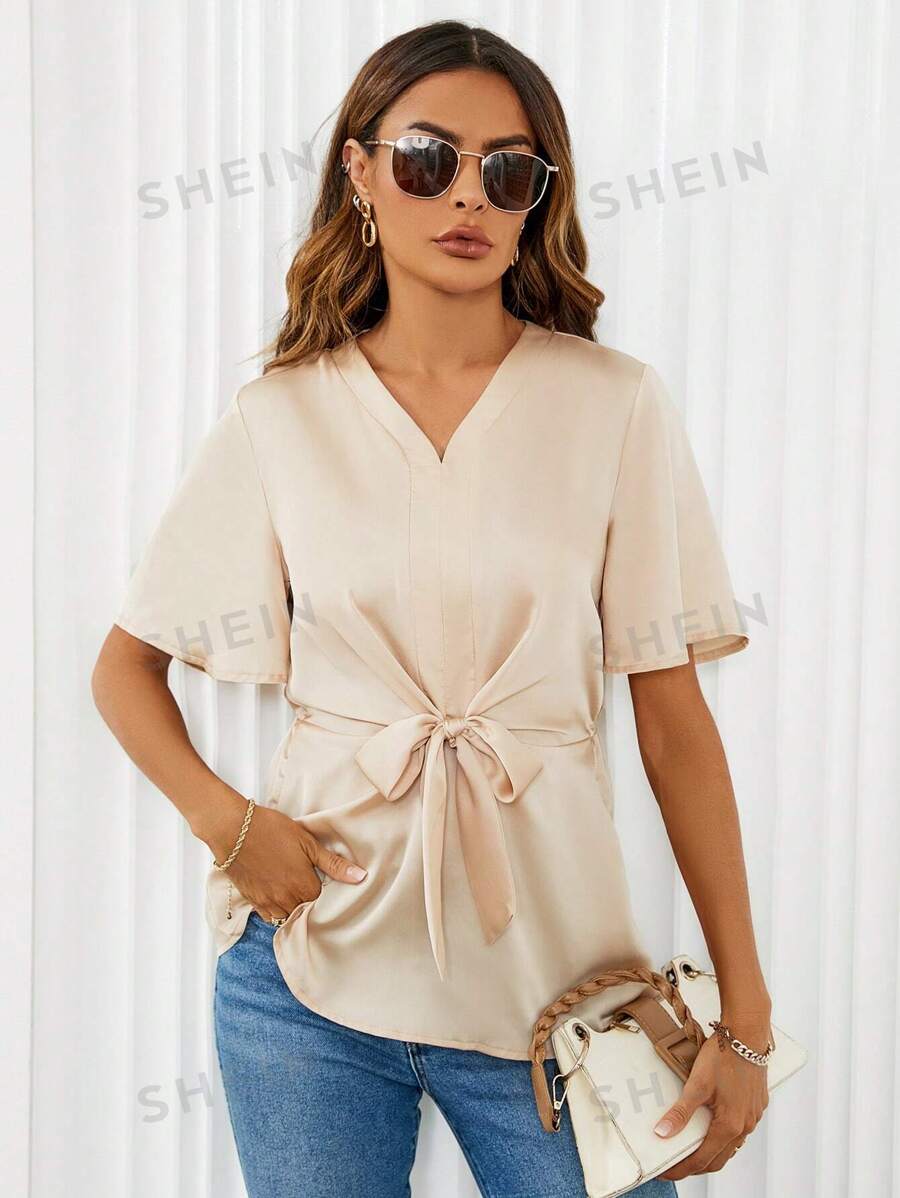 SHEIN LUNE Blusa unicolor con nudo delantero de manga mariposa