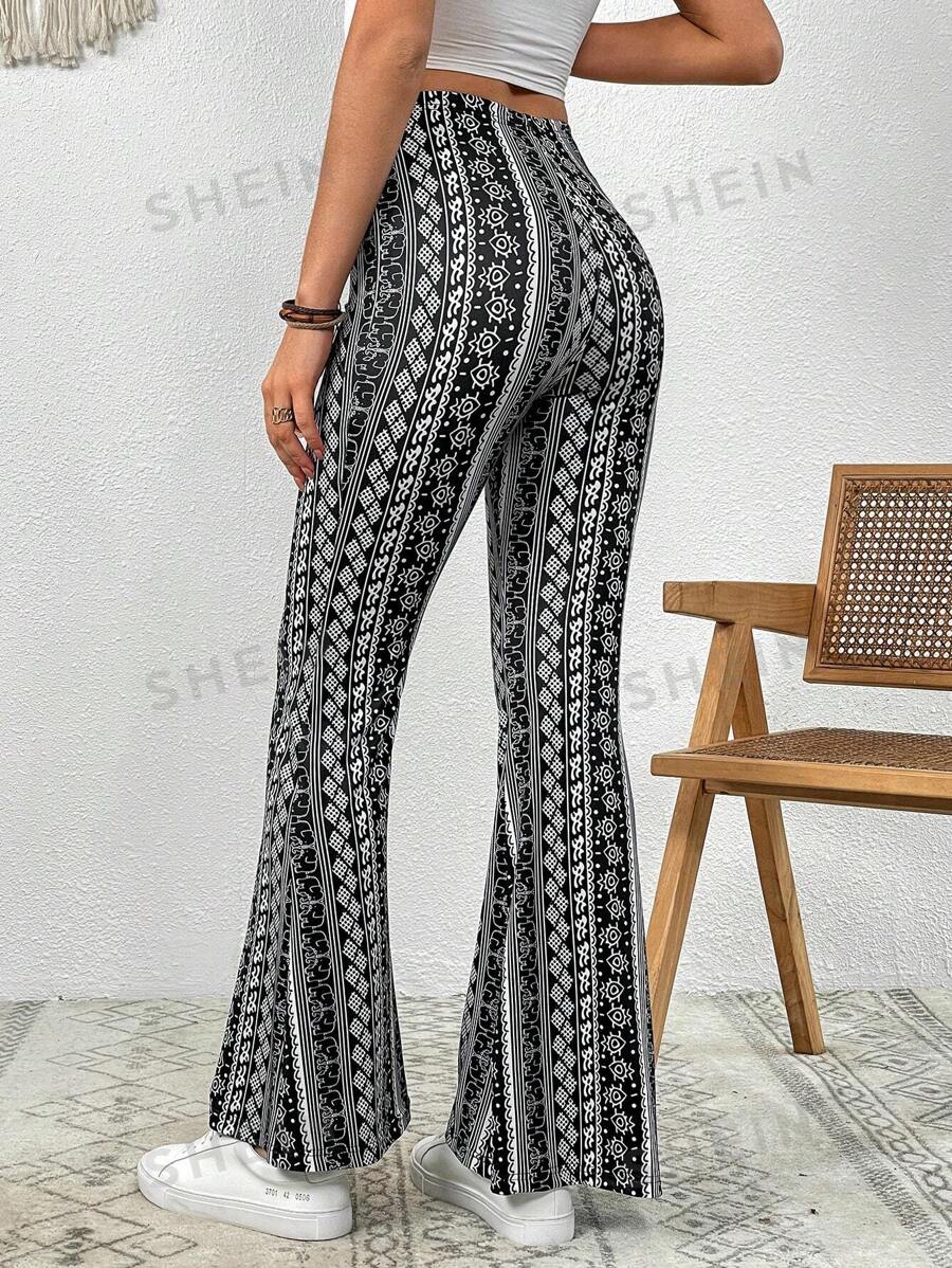 SHEIN VCAY Pantalones Hippies De Mujer Estampados En Ajuste Delgado, Tejido De Punto Con Campana En La Playa De Verano