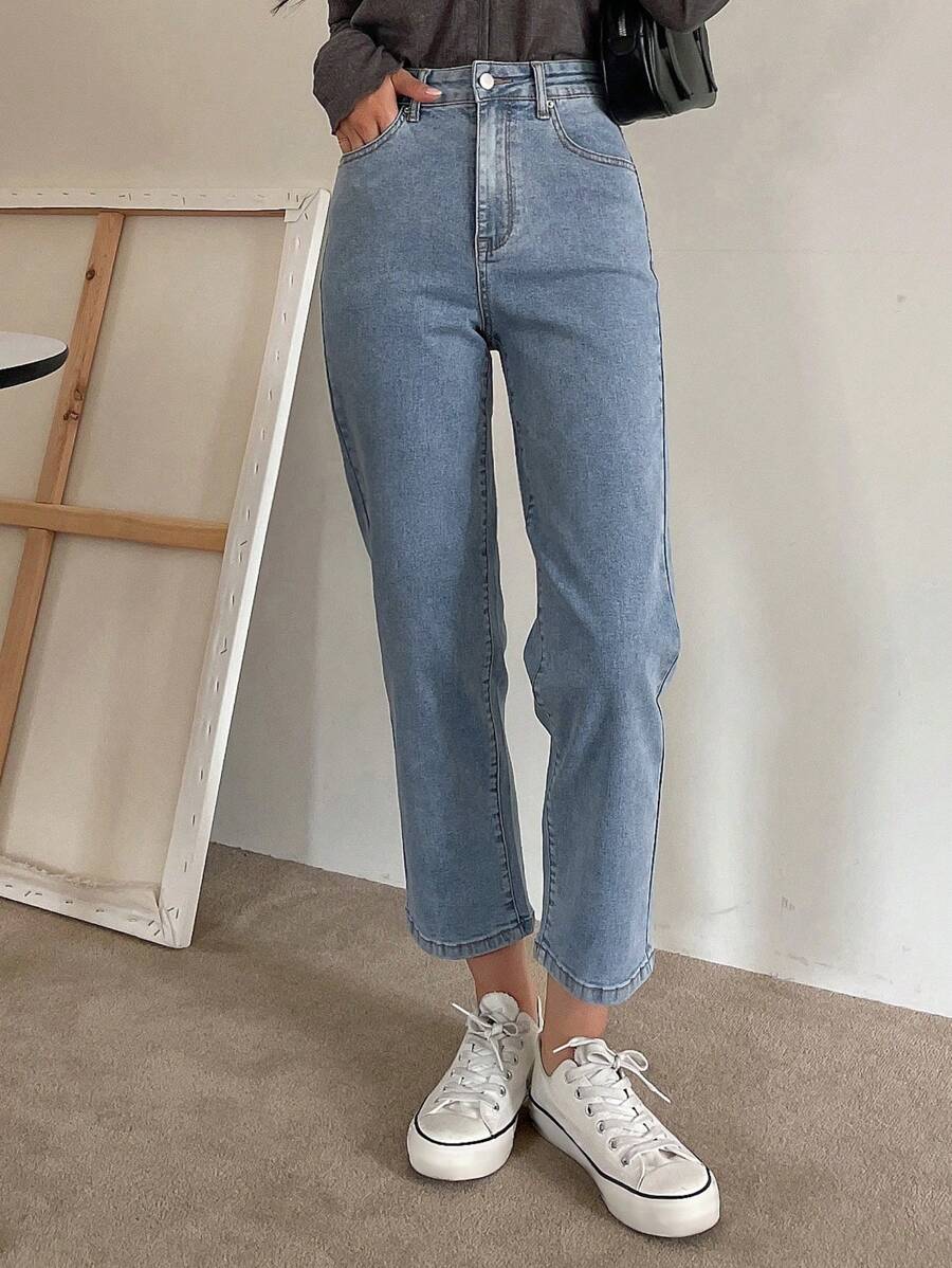Joudiya Jeans de corte recto y cintura alta, con botones, bolsillos y cremallera. Jeans de algodón azul de talle regular y pierna recta acortada para mujer, de uso casual diario en primavera/otoño