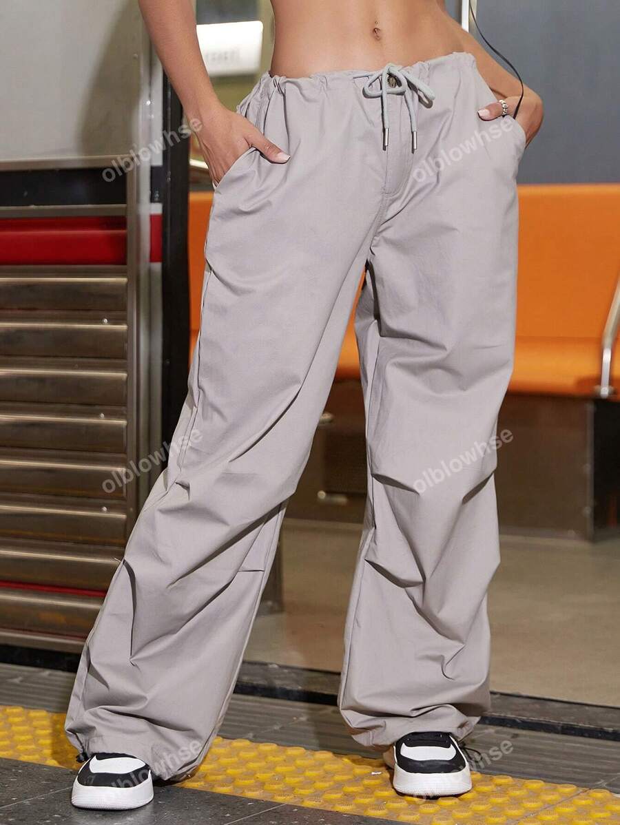 Street Drawstring Waist Slant Pocket Cargo Parachute Pants