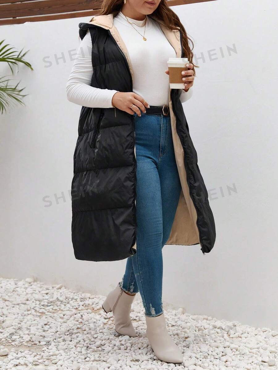 SHEIN Frenchy Chaleco con bloqueo de color con cremallera, acolchado, para invierno