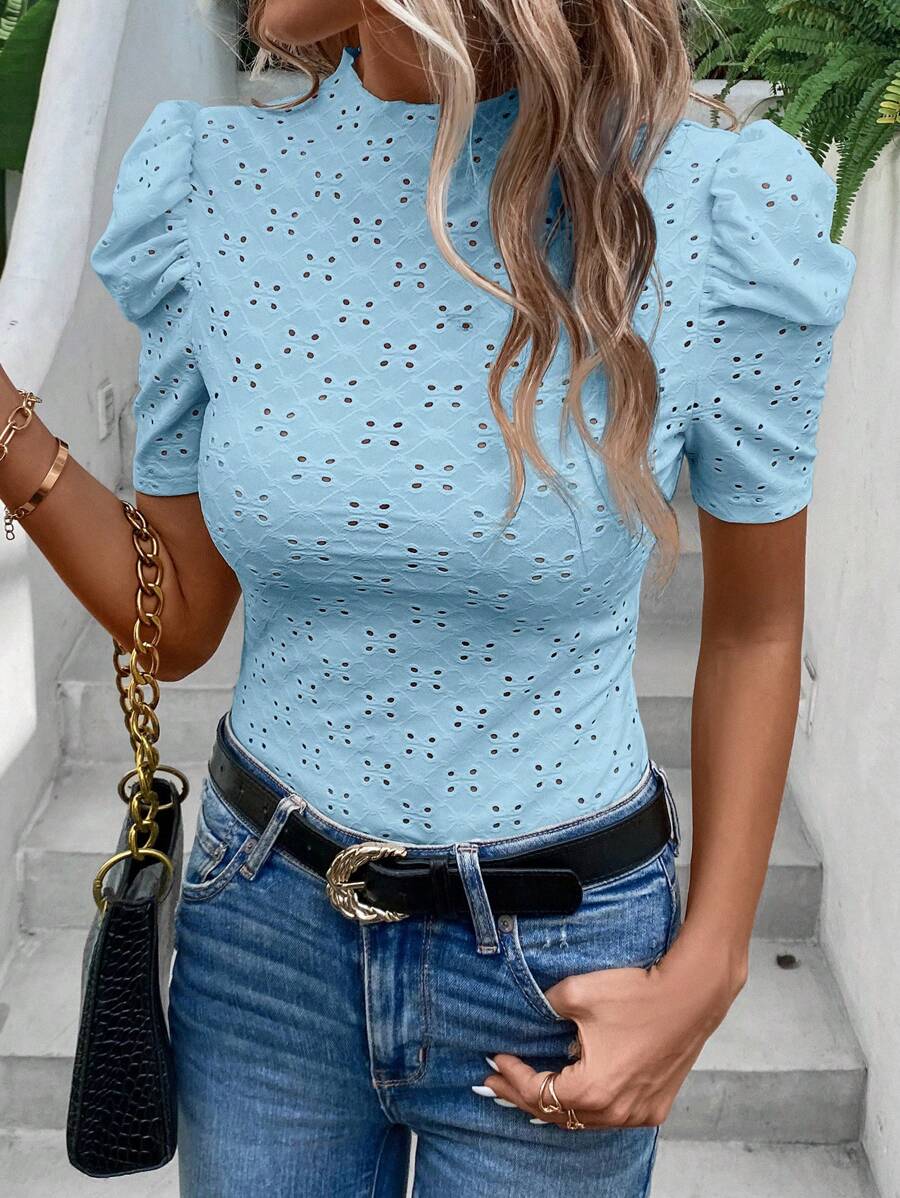 EMERY ROSE Eyelet Embroidery Puff Sleeve Mock Neck Tee