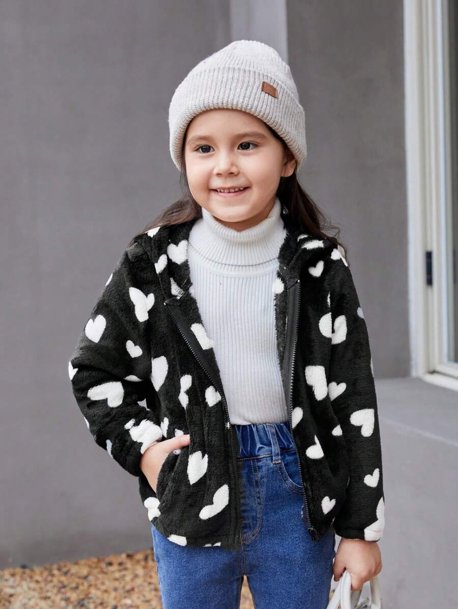 SHEIN Kleines Mädchen Teddy Jacke mit Herz Muster, Kapuze, ohne Pullover