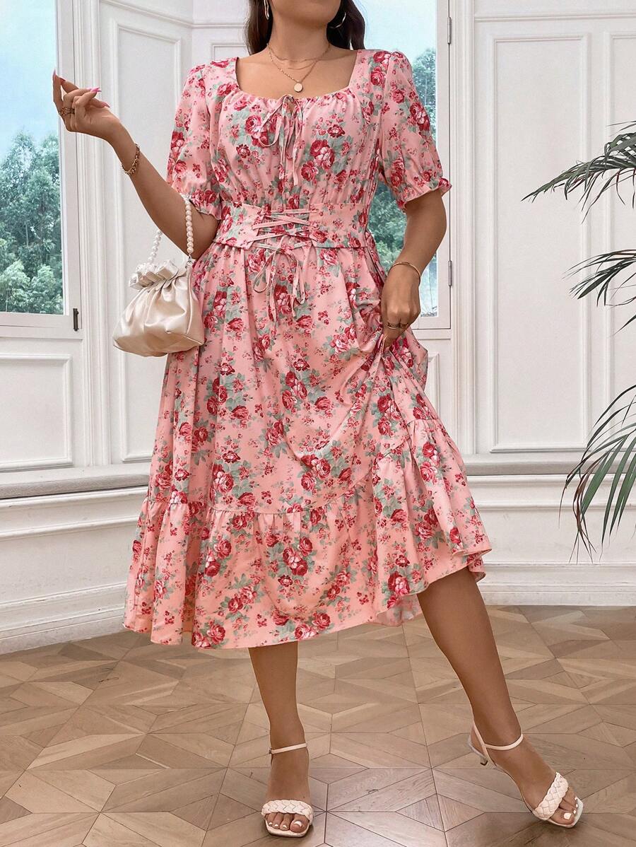 SHEIN LUNE Plus Floral Print Ruffle Hem Dress