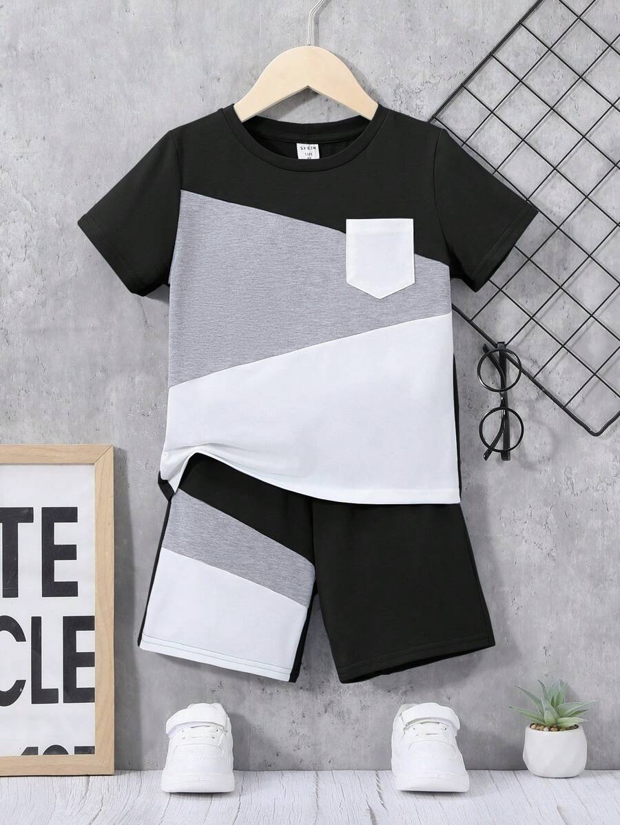 SHEIN garoto jovem Bloco De Cores Corrigido Bolso Camiseta & Shorts