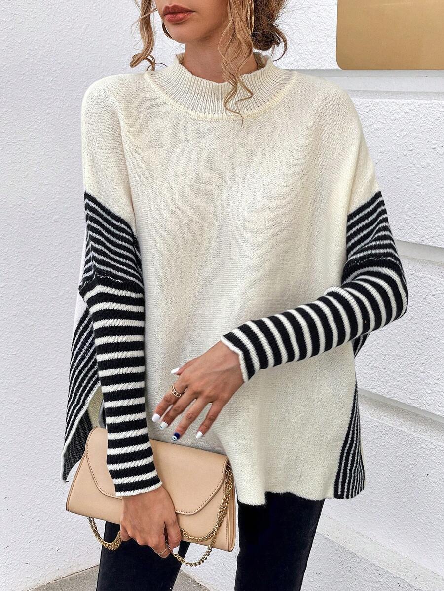 Chiquease Striped Pattern Batwing Sleeve Mock Neck Split Hem Sweater
