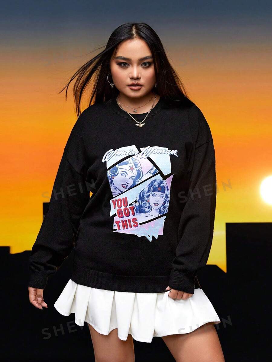 WONDER WOMAN X SHEIN Talla grande Jersey con letra & con patrón de figura de hombros caídos