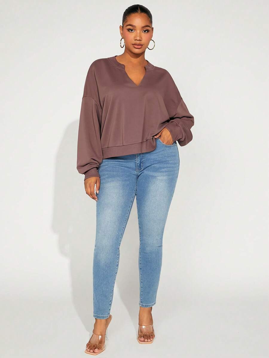 SHEIN SXY Plus Notched Neck Drop Shoulder Sweatshirt