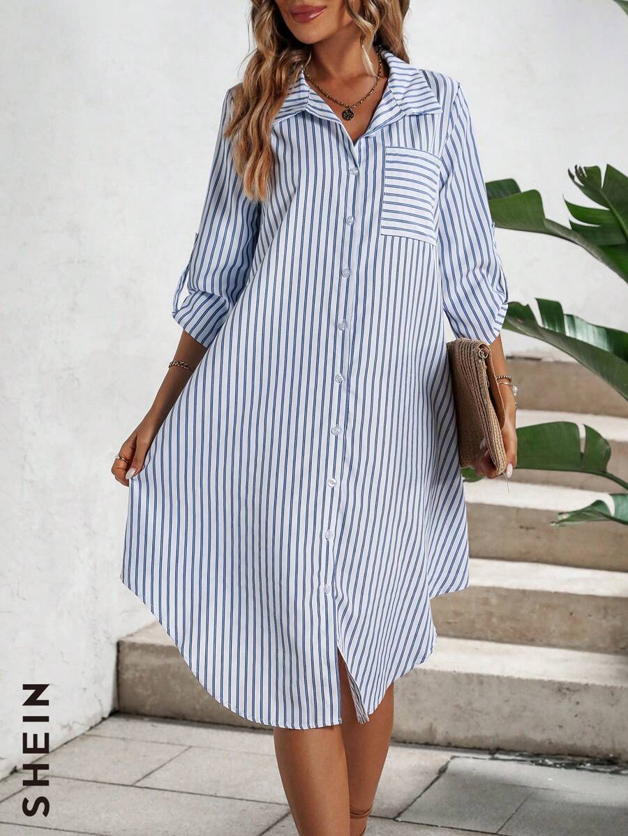 SHEIN Holidaya Striped Print Pocket Patched Shirt Dress