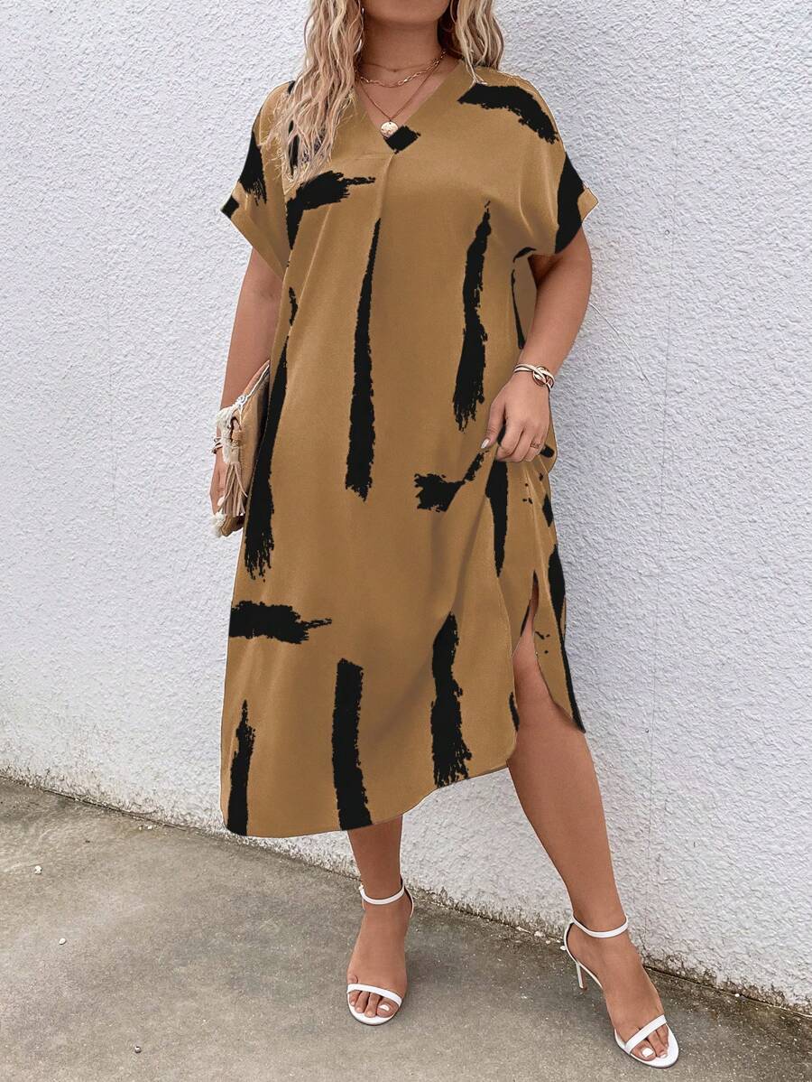 EMERY ROSE Vestido túnica de mangas de murciélago con estampado en brocha para tallas grandes