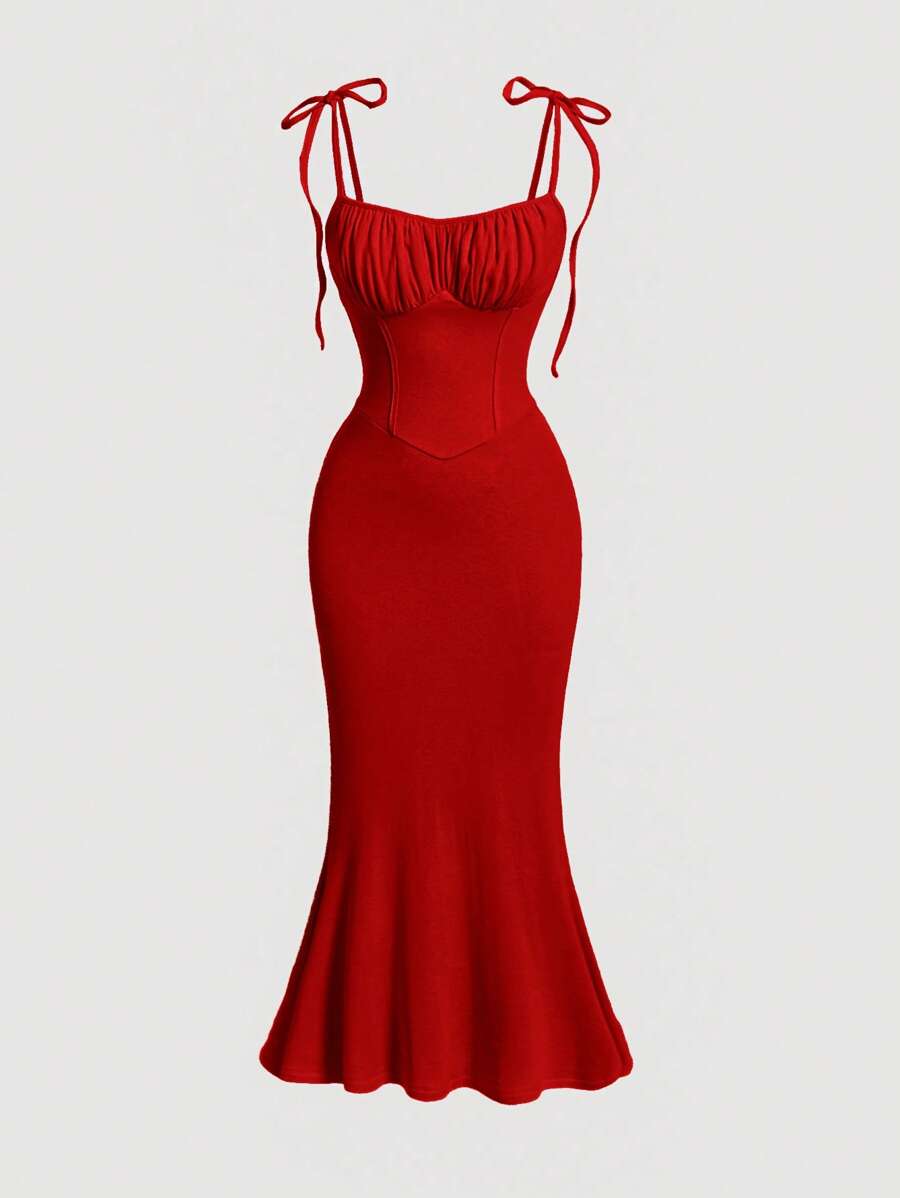 SHEIN MOD Tie Shoulder Ruched Bust Mermaid Hem Cami Dress