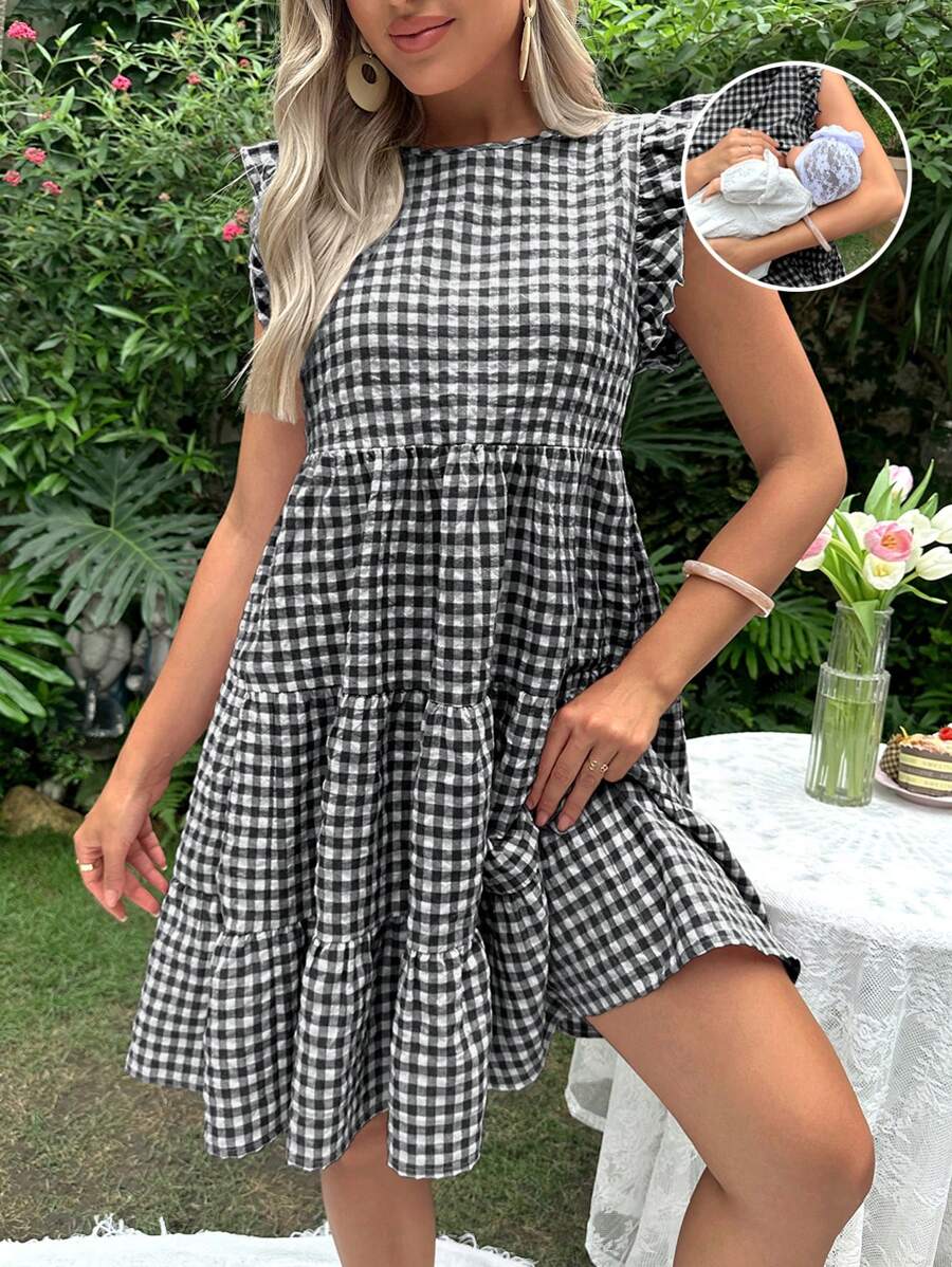 SHEIN Grossesse Robe À Carreaux À Volants Blouse Allaitement
