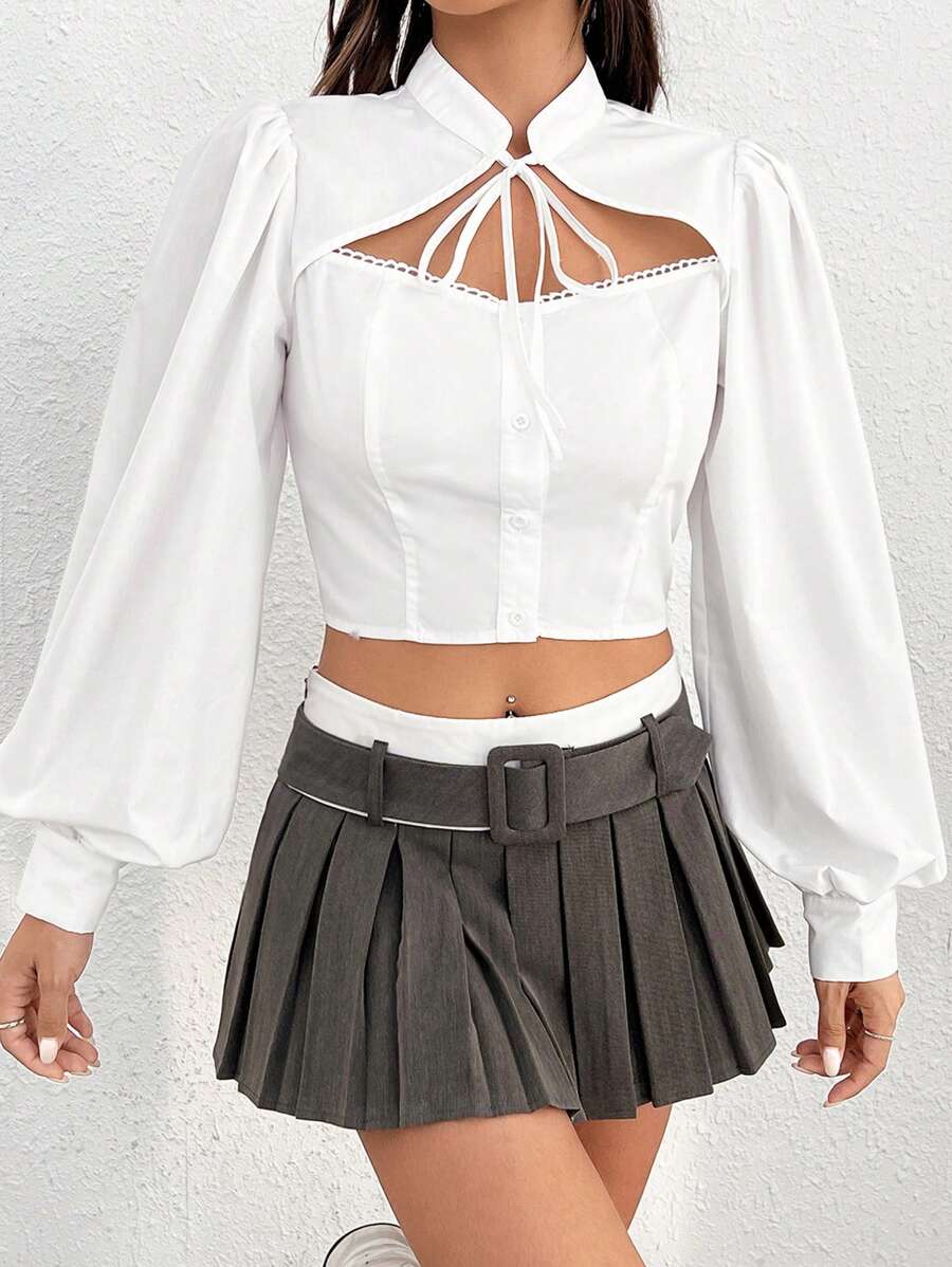 SHEIN MOD Tie Neck Cut Out Front Lantern Sleeve Crop Blouse