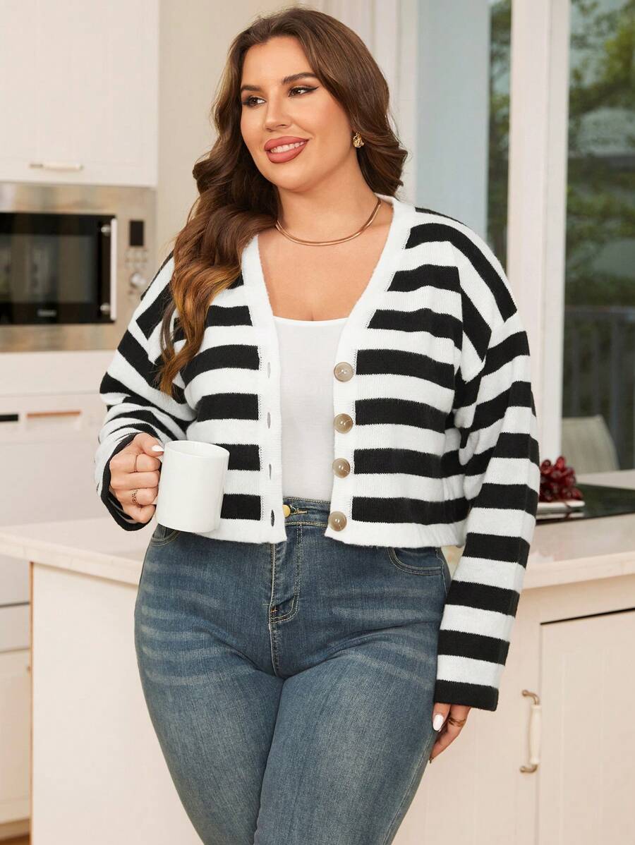 SHEIN Essnce Plus Cardigan À Rayures Épaule tombante