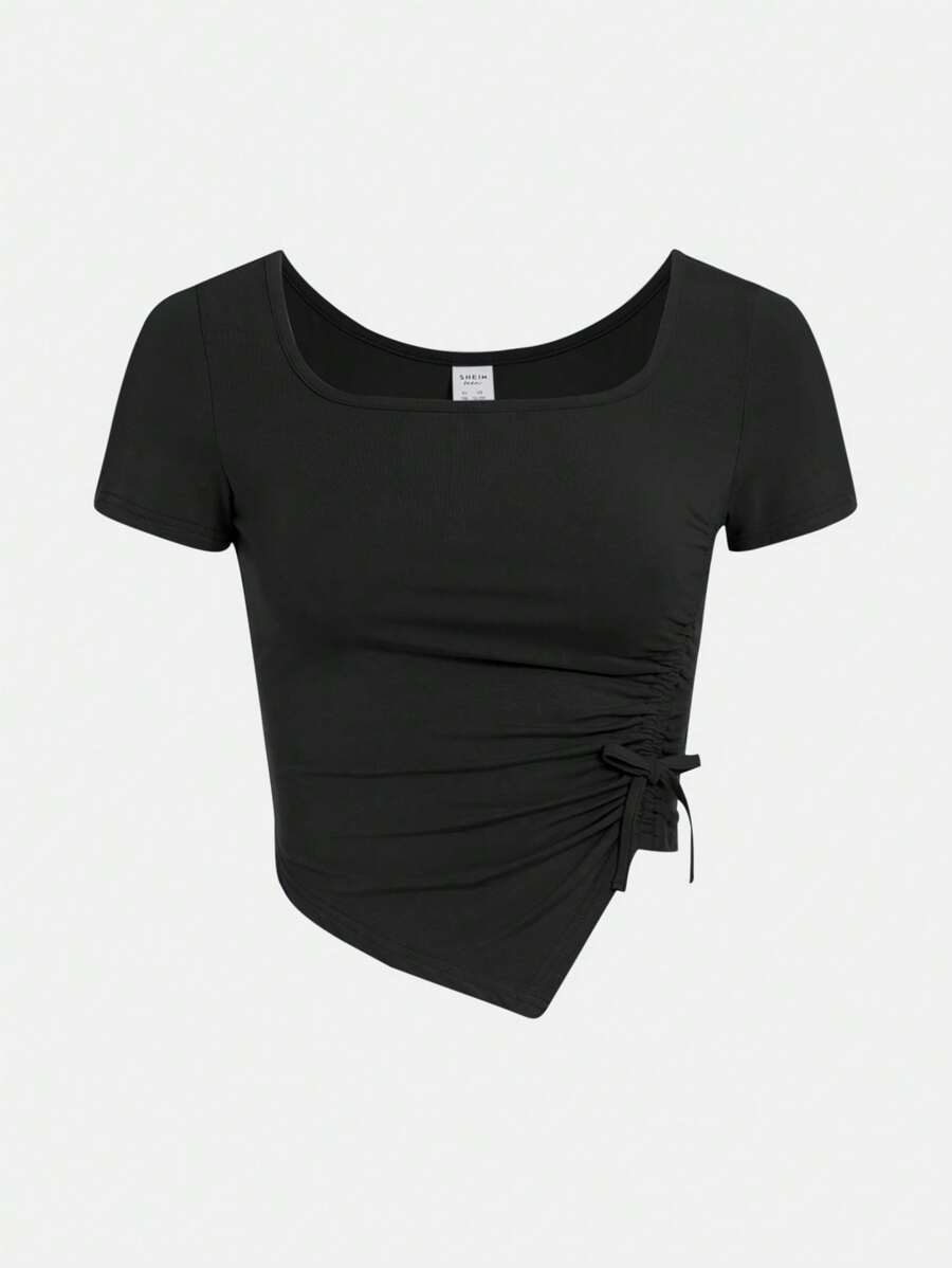 SHEIN Girlism Garota Adolescente Cordão Ao Lado Bainha Assimétrica Camiseta
