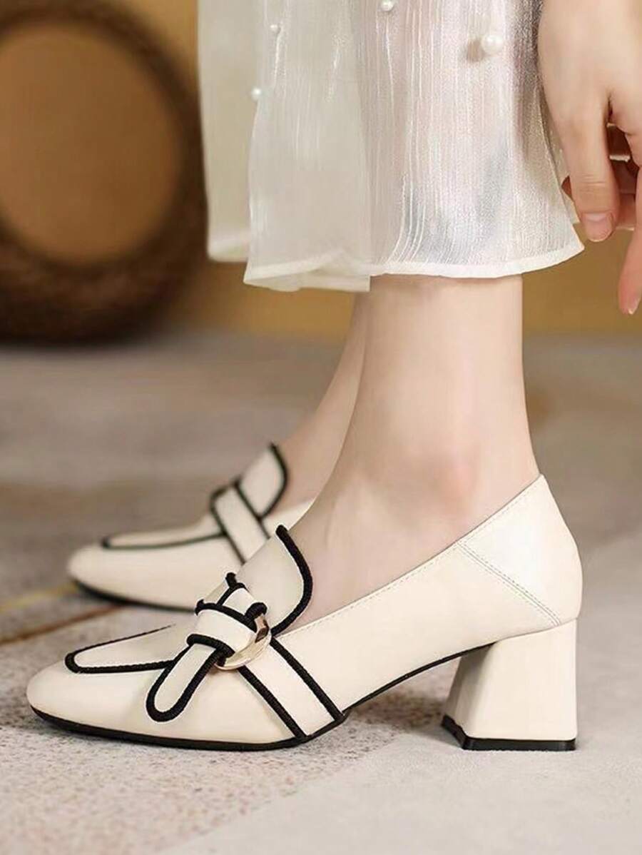 HanDuEke Women's Patent Leather High Heel Square Toe Pumps, Elegant French Style Thick Heel New Fashion Office Work Shoes, Simple White