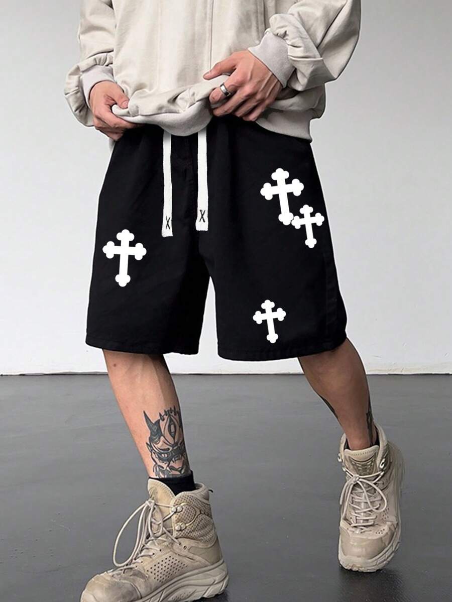 Manfinity EMRG Men's Casual Loose Cross Print Shorts With Drawstring Waist, Summer Graphic Going Out Street Wear Knee Shorts Baggy Shorts, For Husband, Boyfriend Gifts, Cross Shorts, Men's Street Wear Shorts, Christian Shorts, Jesus Shorts, Black Graphic Shorts, Back To School