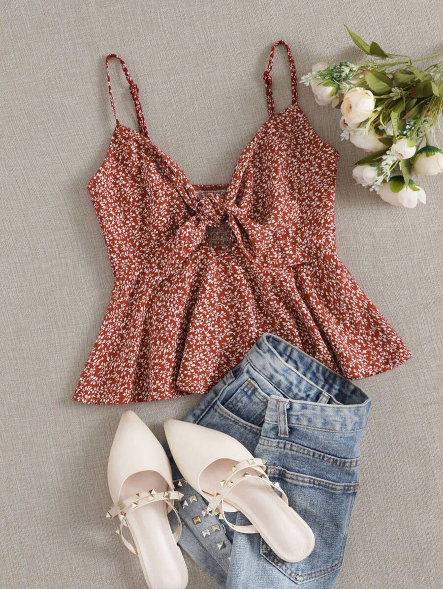 Soleia WYWH Vacation Ditsy Floral Self-Tie Cami Peplum Red Top