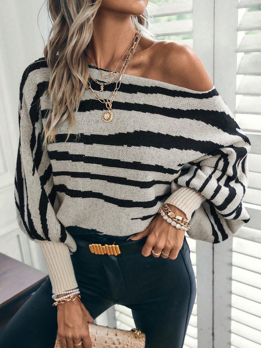 EMERY ROSE Jersey de manga murciélago con estampado de rayas de cebra, Top de manga larga