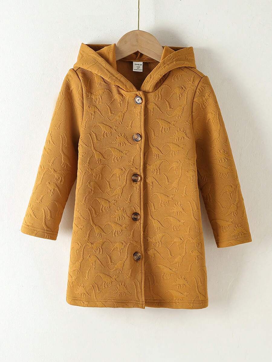 SHEIN Young Boy Dinosaur Embossed Button Front Hooded Coat
