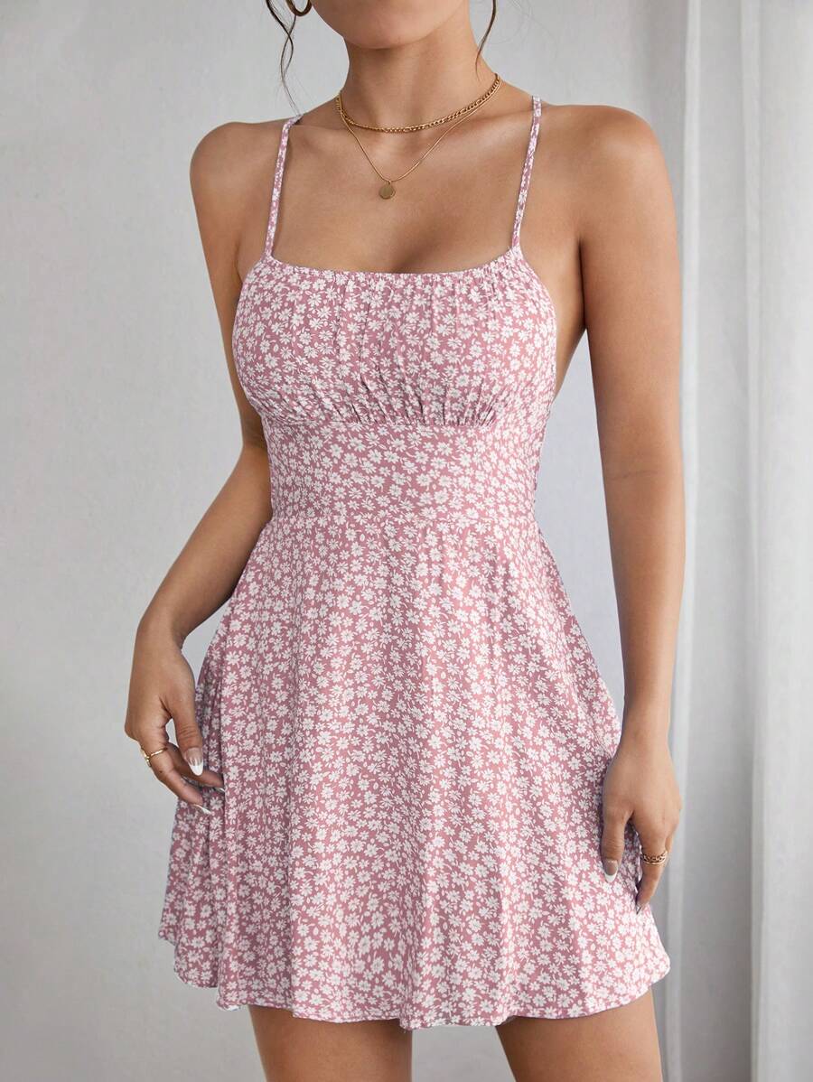 SHEIN PETITE Ditsy Floral Print Criss Cross Tie Backless Cami Short Summer Dress,Pastel Dresses For Women