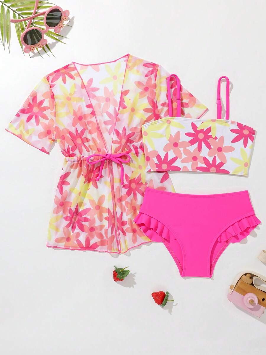 Ensemble de bikini à volants avec imprimé floral pour jeune fille avec kimono, pour l'été et la plage