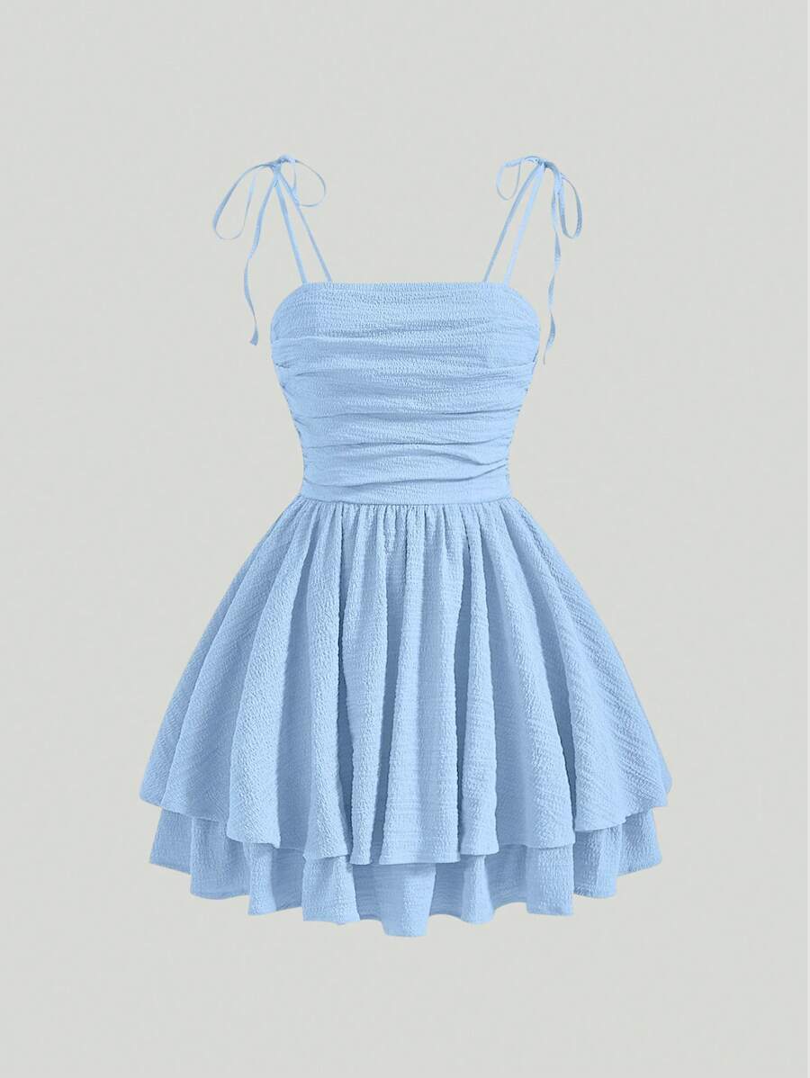 SHEIN MOD Solid Ruched Bust Tie Shoulder Ruffle Hem Blue Butterfly Cami Dress,Pastel Dresses For Women