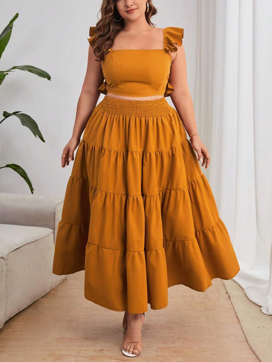 SHEIN Privé Plus-Size Elegant Vacation Seaside Solid Color Square Collar Ruffled Decorative Slim Crop Top And Umbrella Hem Large Ruffled High-Waist Slim Long Skirt