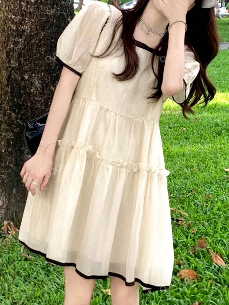 Contrast Trim Puff Sleeve Smock Dress