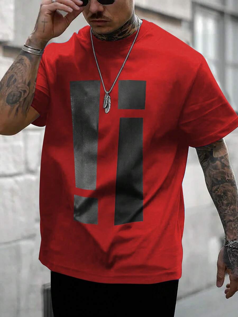 Manfinity Homme Camiseta casual de cuello redondo y manga corta con estampado para hombres, para uso diario
