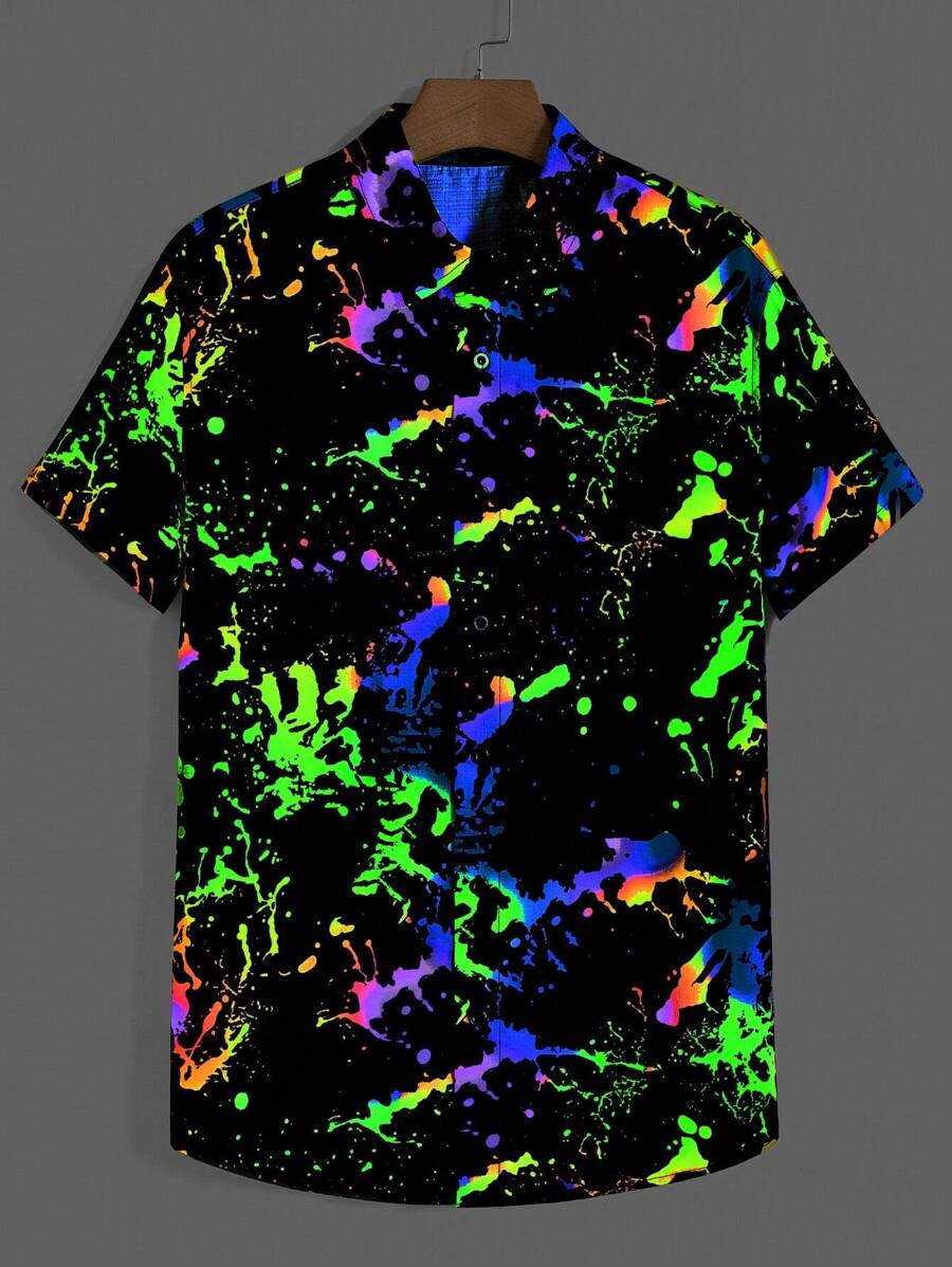 Manfinity VCAY Camicia a maniche corte con bottoni riflettente per uomo con stampa splash di inchiostro, camicia colorata a graffito glitterata