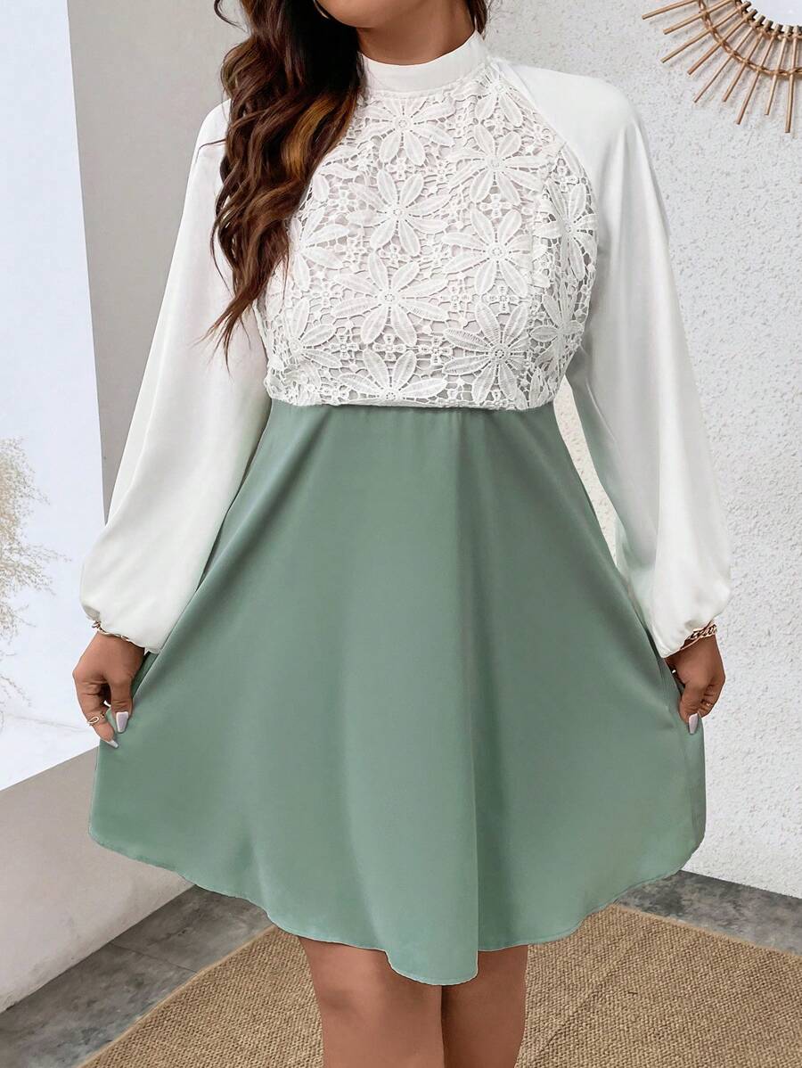Celure Plus Contrast Lace Mock Neck Lantern Sleeve Dress