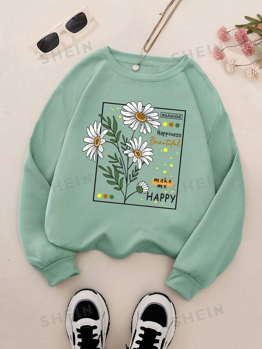 INAWLY Sudadera de forro térmico con gráficos florales y lemas "SUNSHINE, Felicidad, Hermoso, Me HACE FELIZ", Blusas de manga larga