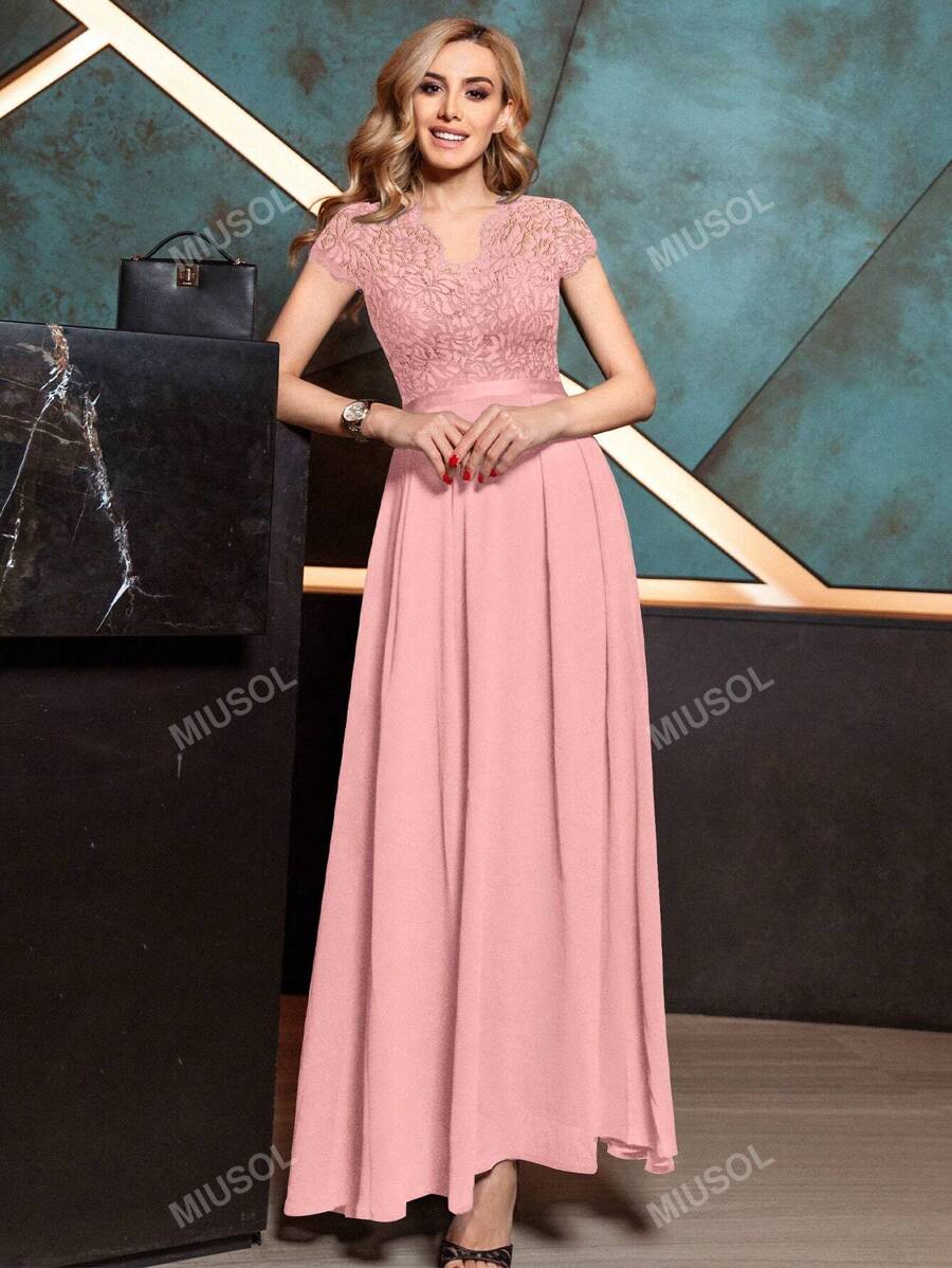 MIUSOL Elegant Floral Lace Cap Sleeve Chiffon Evening Party Dress