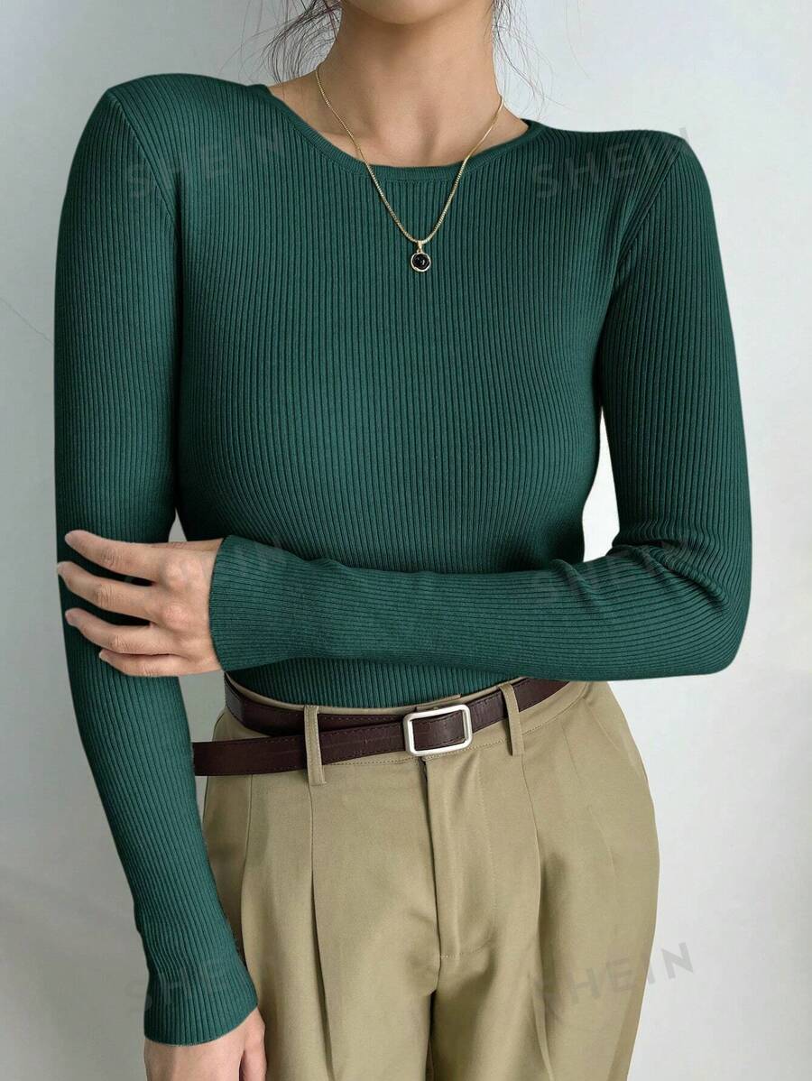 DAZY Jersey informal de punto, de cuello redondo y manga larga, de ajuste ceñido, para uso empresarial casual, para mujer, de color liso