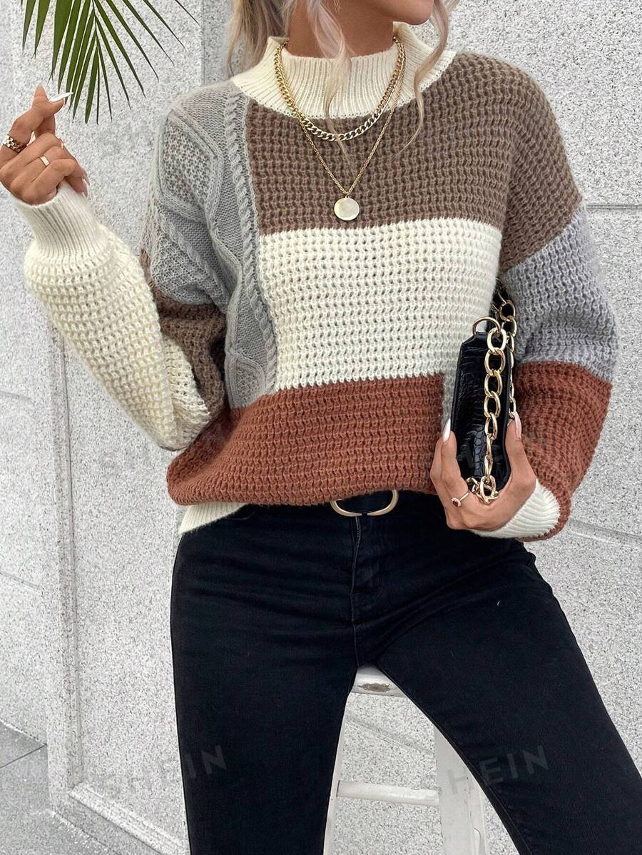 EMERY ROSE Suéter con bloque de color y hombros caídos, Blusas de manga larga