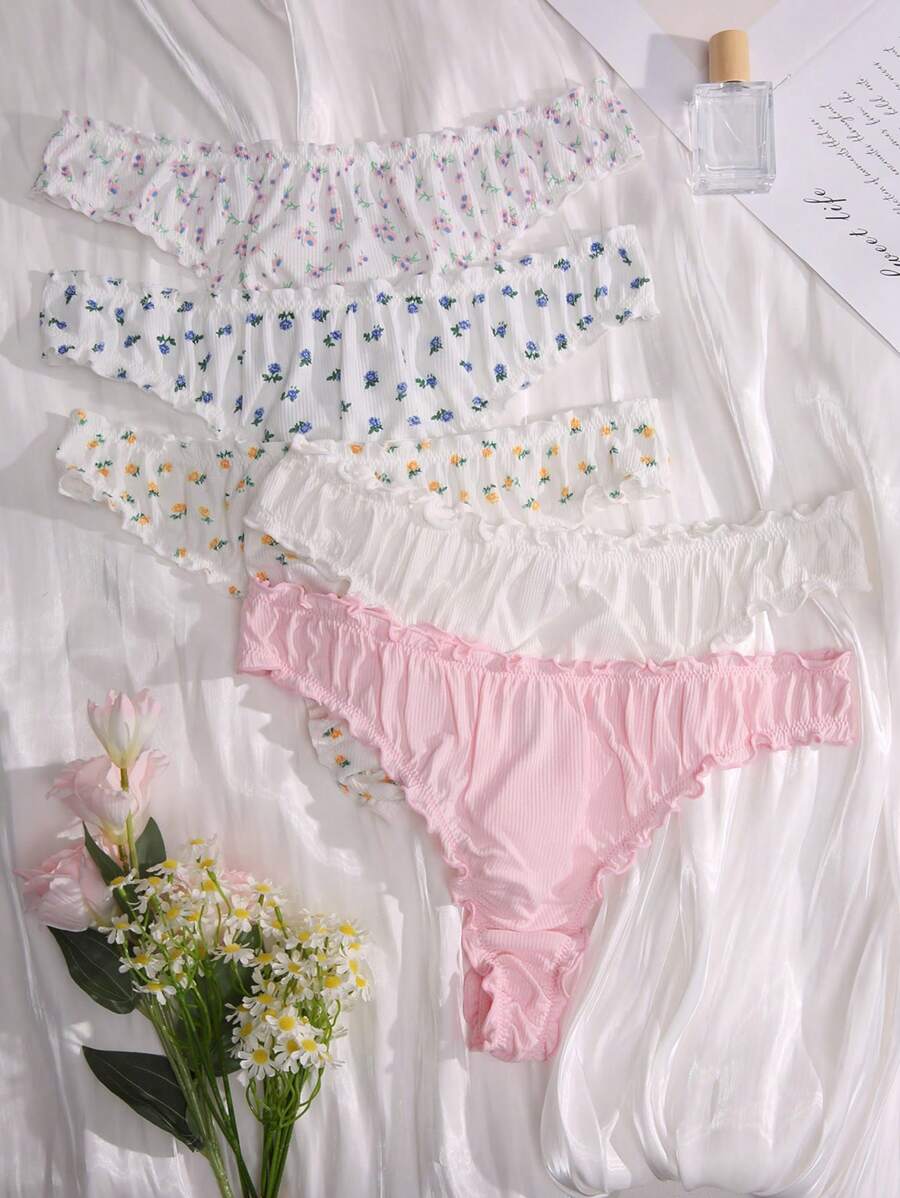 Shein Underwear&Sleepwear Basics Talla grande 5 piezas Bragas con estampado floral ribete en forma de lechuga
