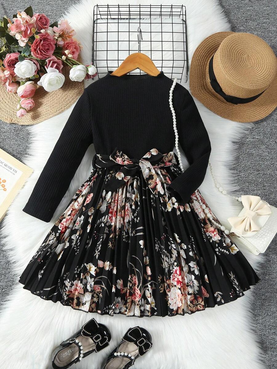 SHEIN Young Girl Floral Print Pleated Hem Belted Dress