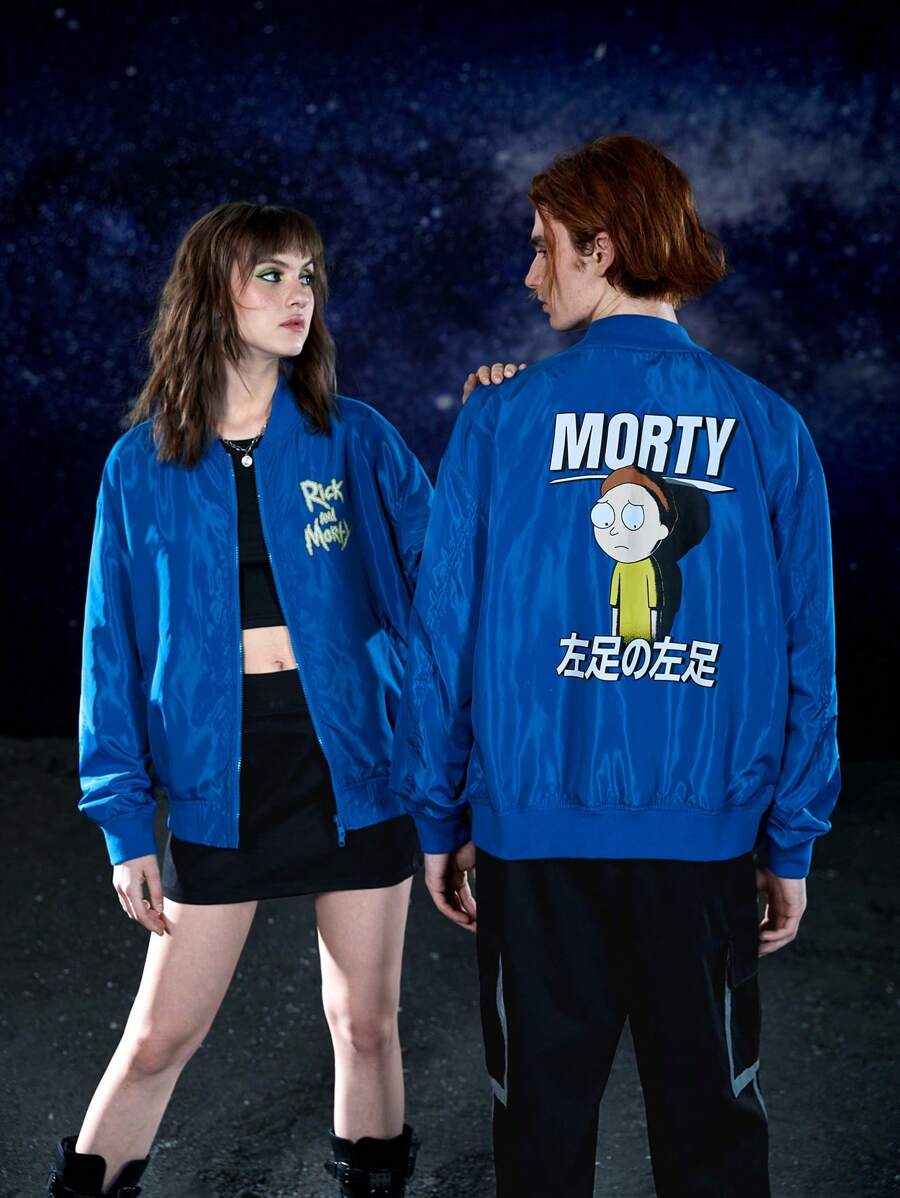 Rick and Morty X SHEIN 1 pieza Cazadora tipo bomber con estampado de letra y dibujos animados de hombros caídos