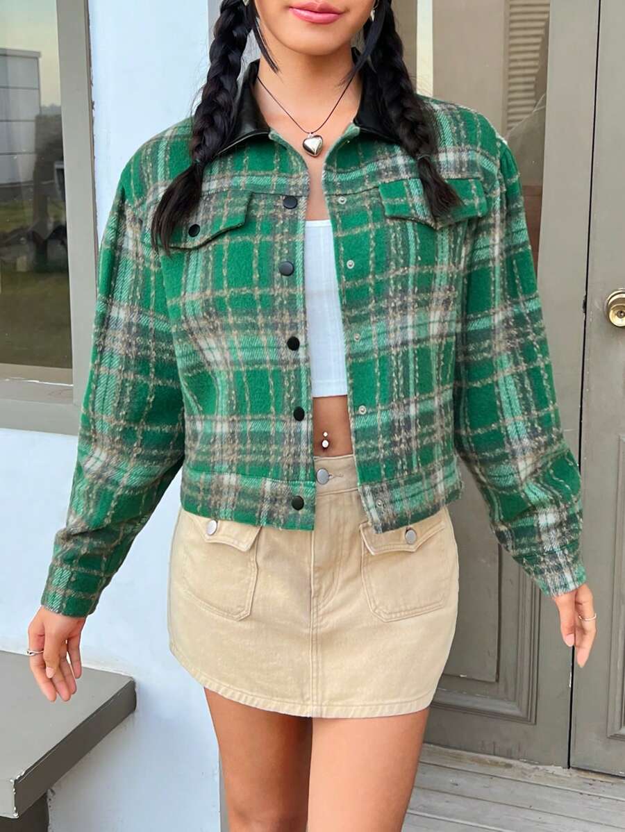 SHEIN X Galloways Plaid Print Drop Shoulder Flap Pocket Jacket