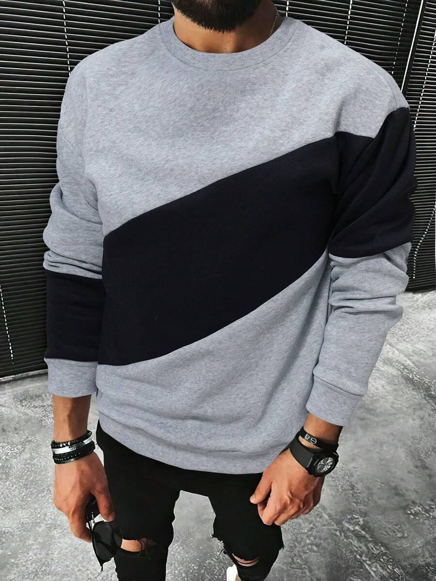 Manfinity Homme Men Color Block Thermal Lined Sweatshirt Crew Neck Long Sleeve Casual Sweatshirt, For Friends, Husband, Boyfriend Gifts, Men Co Ords, Mens Two Tone Sweatshirt, Mens Long Sleeve Sweatshirt
