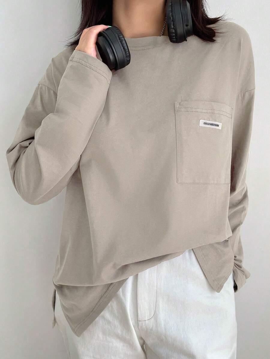 DAZY Letter Patched Detail Drop Shoulder Pocket Patched Tee,Fall Clothes Long Sleeve Women Tops