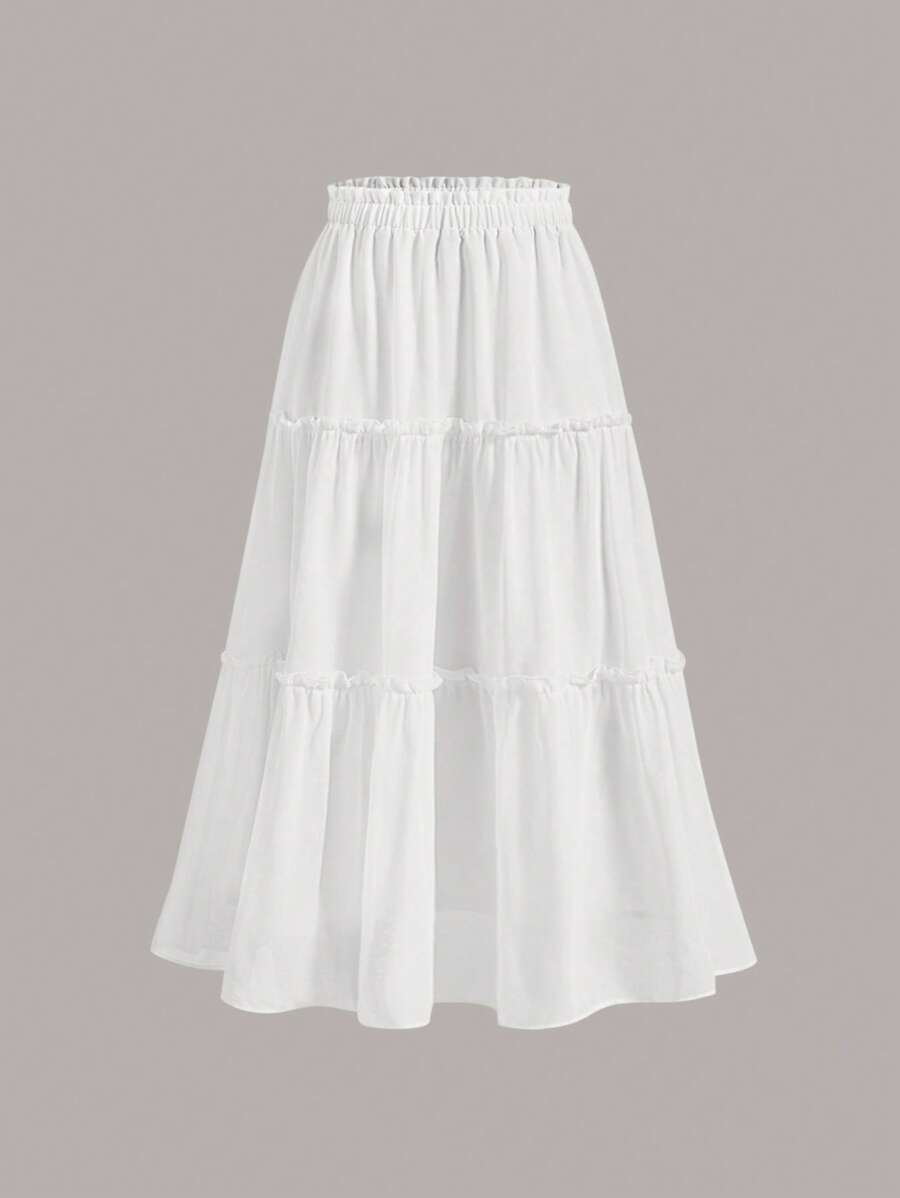 SHEIN MOD Ruffle Skirt Boho Long Skirt Break Solid Frill Trim Ruffle Hem Skirt