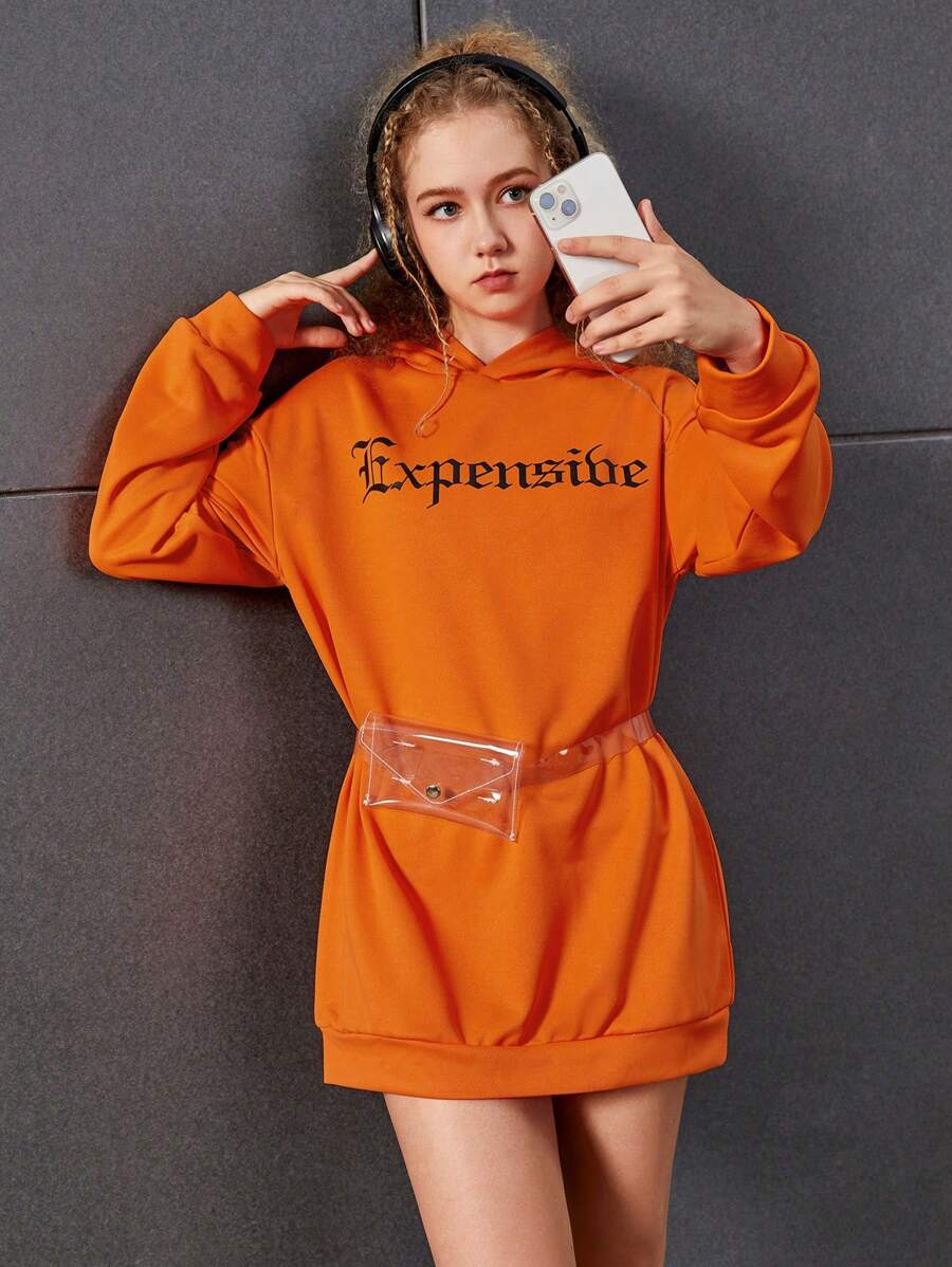 Chica adolescente Vestido con capucha con estampado de letra de hombros caídos sin cinturón