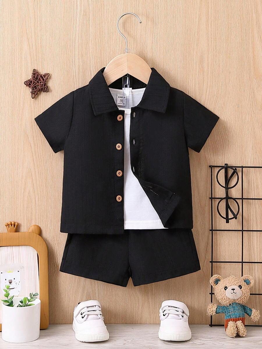 SHEIN Baby Boy Solid Button Front Shirt & Shorts Without Tee