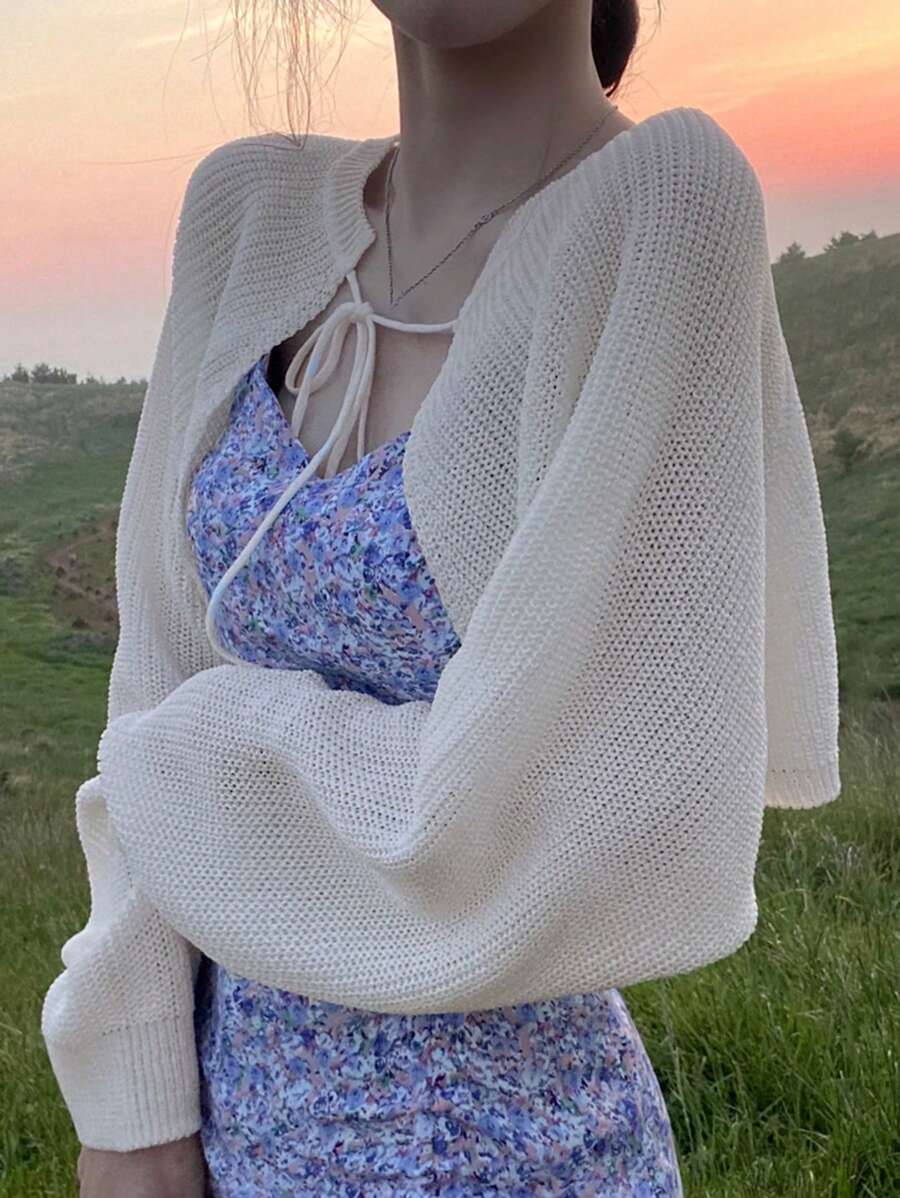 DAZY Cárdigan corto con mangas tipo murciélago, cuello cruzado y amarrador, Tops de manga larga