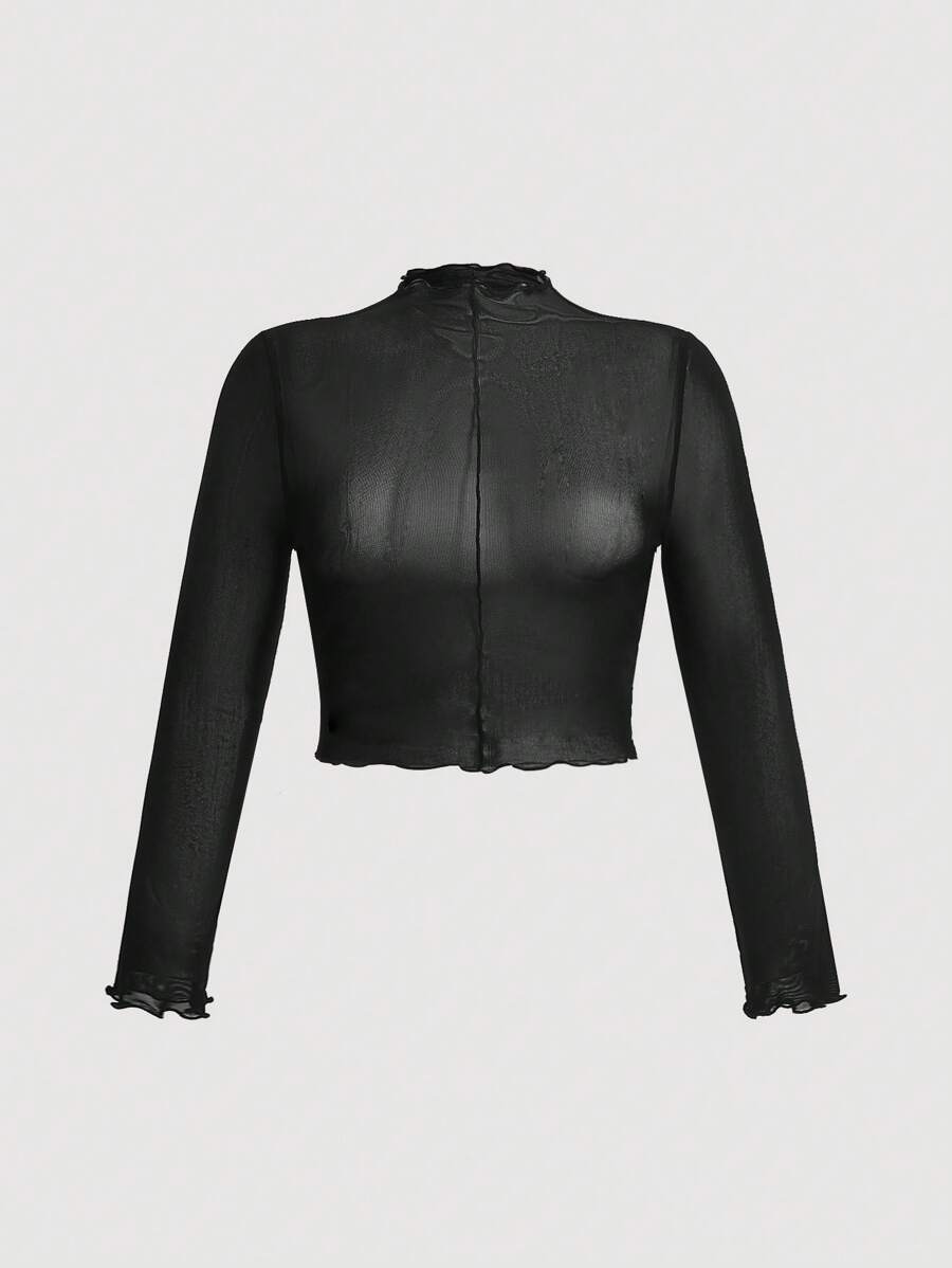 SHEIN MOD Top De Malla Negra Transparente Con Ribete De Lechuga En Talla Grande Sin Camiseta. Cuello Alto Y Manga Larga