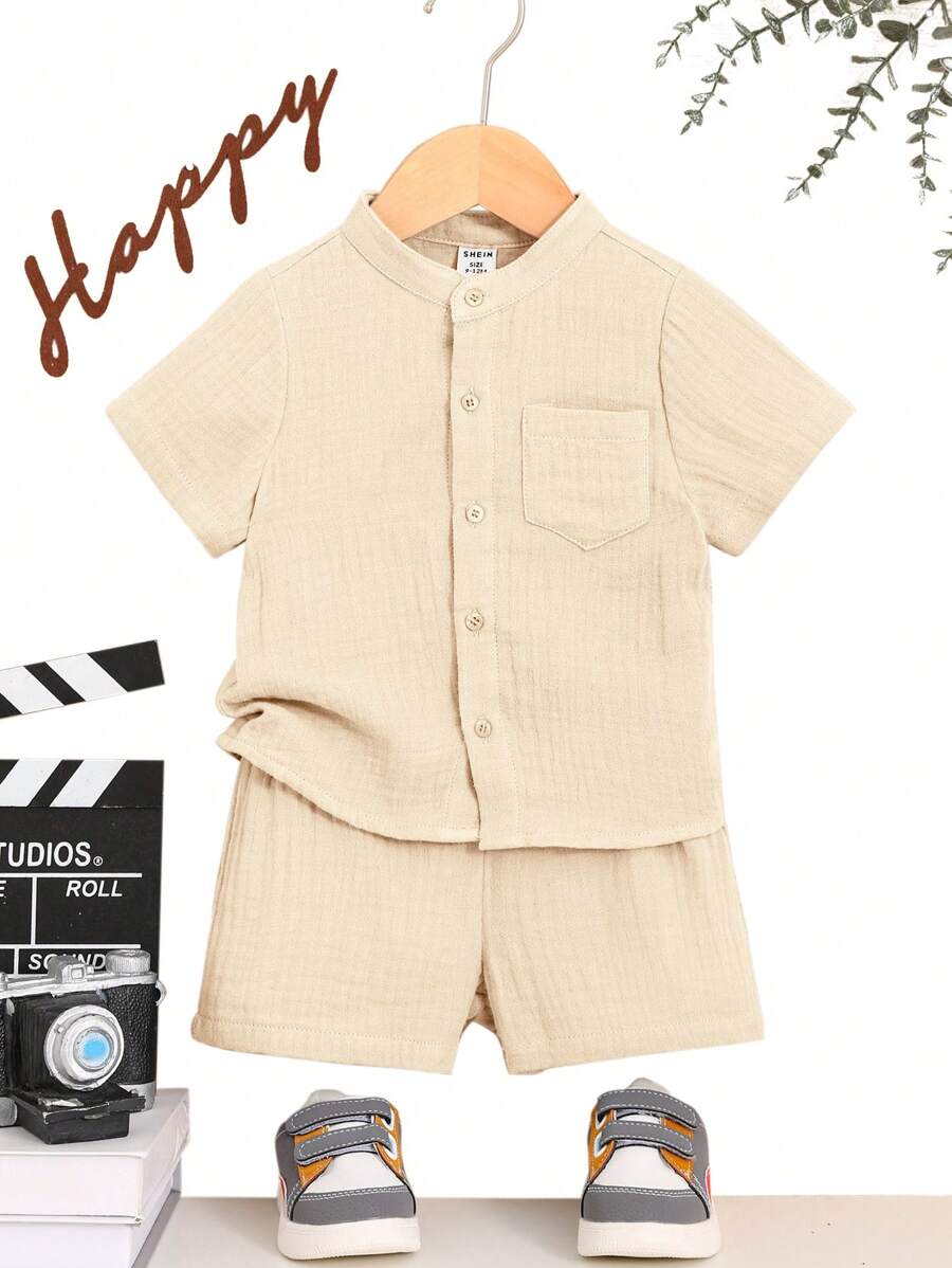 2 Stücke Baby Jungen Lässig Einfarben Kurzarm Hemd und Shorts Set